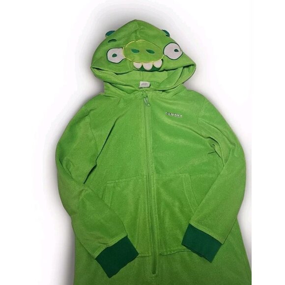 Green Angry Birds Pig Unisex Hooded Fleece Pajama One Piece Size 10 Youth - Picture 2 of 5